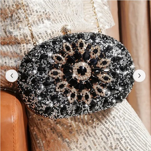 Flower Pattern black Rhinestone gold Metal Chain Handbag evening Clutch 8.2"x 5" - Picture 8 of 9